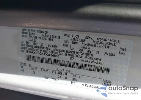 2026 Ford Transit-350 Passenger Van Xlt из США, поврежденный, VIN 1FBAX2YG5TKA24806